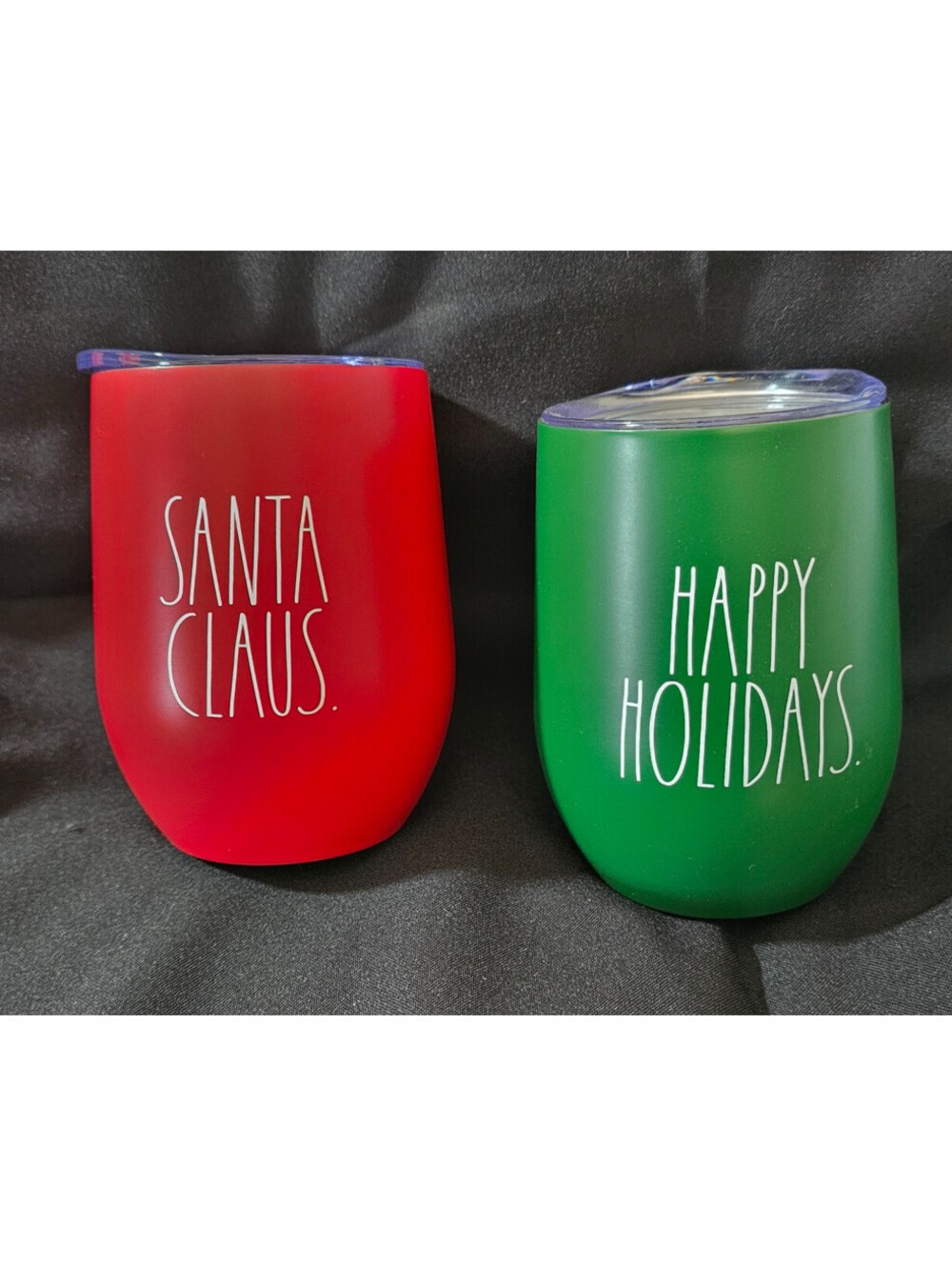 (2pc) Rae Dunn Wine Tumbler W/Lid Santa Claus & Happy Holidays 12oz Christmas
